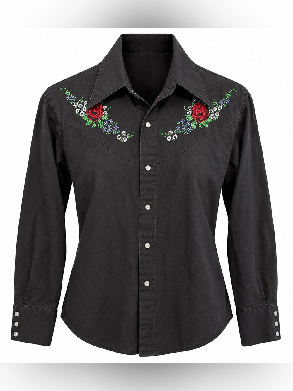 Vintage Black Western Pearl Snap Shirt Embroidered Roses